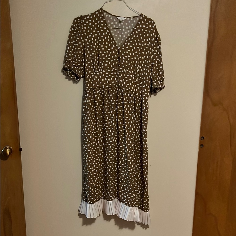 Time and Tru Tan Dress with White Polka Dots